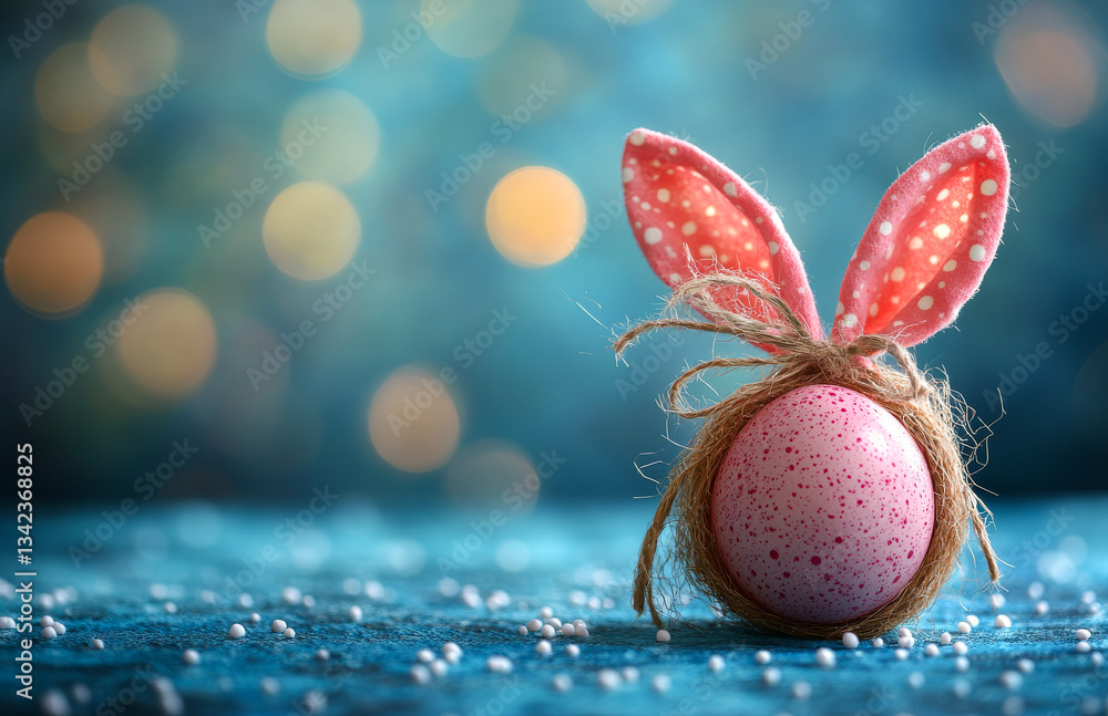 Poster decorative easter egg with bunny ears. a colorful easter egg adorned with bunny ears and twine sits 