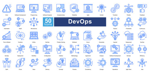 DevOps icon set in blue color style, featuring 50 icons of automation, deployment, agile workflows, and software development. Ideal for IT operations, cloud computing, and CI/CD pipelines.