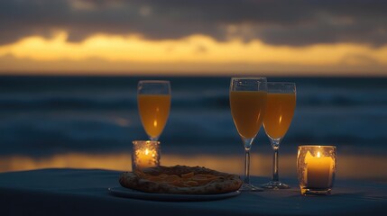 Romantic Beach Sunset Dinner with Orange Juice and Candles on the Beach at Night Time and Outdoor Atmosphere with Peaceful Ambiance and Cozy Warm Lighting for Relaxation and Intimacy for a Couple