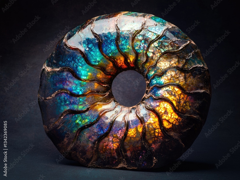 Poster a mesmerizing iridescent ammonite fossil, showcasing vibrant colors and intricate spiral structure.