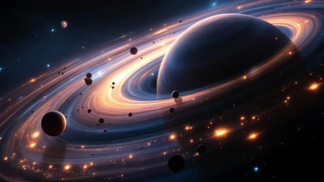A glowing asteroid belt slowly rotating around a gas gian