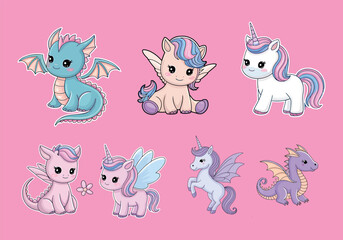 Cute Fantasy Creature Stickers: Dragons Unicorns! Magical Decals for Laptops, Planners