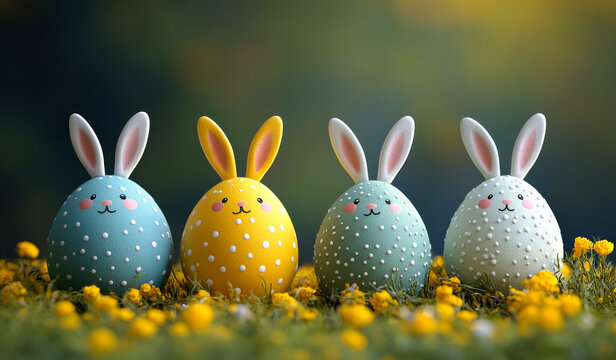 Colorful eggs and bunnies. Brightly colored eggs with bunny features sit among yellow flowers in a sunny spring landscape.