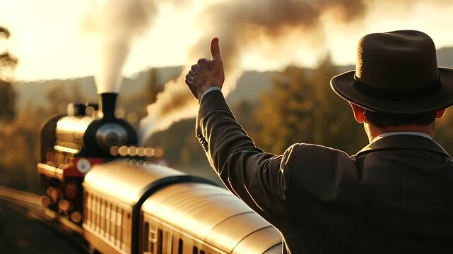 Person tipping hat with one hand, thumb up, train passing by