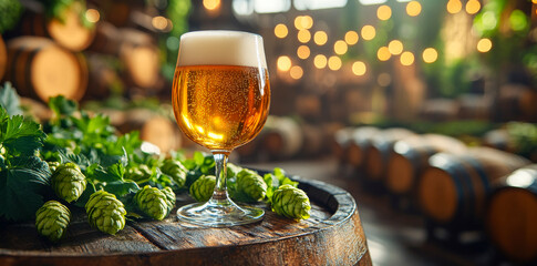 Craft beer tasting in a rustic brewery. A glass of golden beer sits on a wooden barrel surrounded by fresh hops in a cozy brewery filled with light.