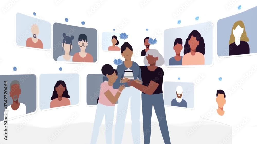 Poster a diverse group interacting virtually, representing global collaboration and inclusion.