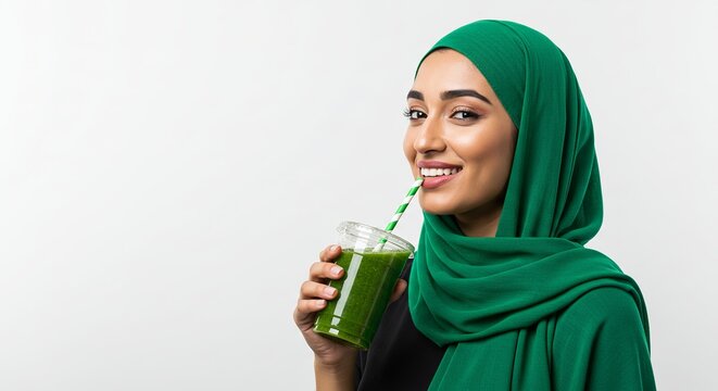 Smiling Muslim Woman Enjoying a Refreshing Green Smoothie on a White Background
