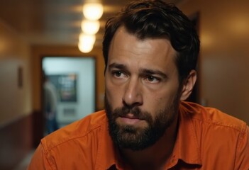 Obraz premium A thoughtful man with a beard gazes intently in a dimly lit hallway