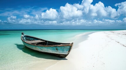 Serene tropical beachscape featuring a weathered fishing boat on white sand shore