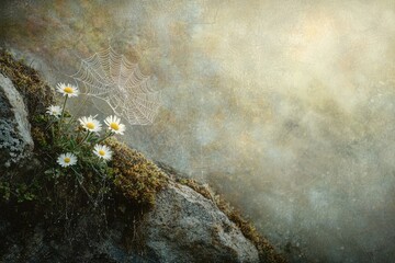 Dew-kissed daisies bloom near a spiderweb on a mossy rock, a serene nature scene.