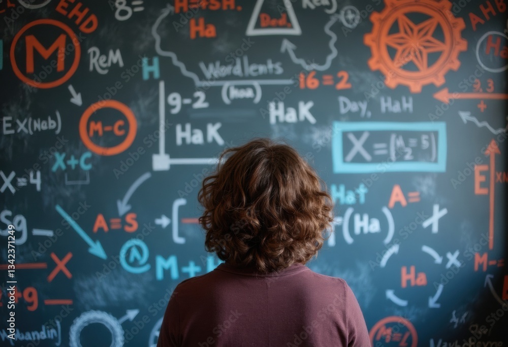 Poster a student analyzing mathematical equations on a chalkboard background