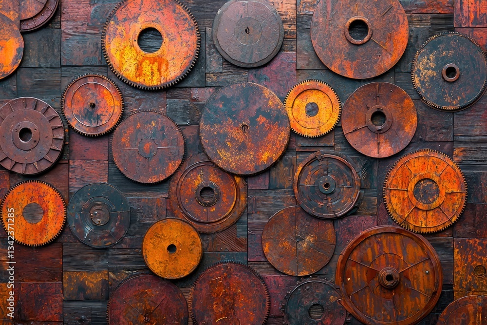 Poster rustic wall art made of numerous rusty, aged metallic gears and cogs, creating an industrial aesthet