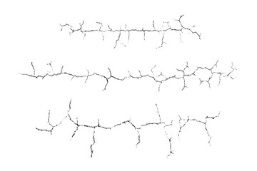 Crack vector set. Grunge urban graphic elements of rough surface. Isolated natural surface fractures images. One color graphic resources.