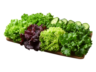 Assortment of fresh lettuce varieties  cucumbers on a rustic wooden board.  Vibrant greens  deep reds create a healthy, appetizing image perfect for culinary, food blogs, or healthy lifestyle content.