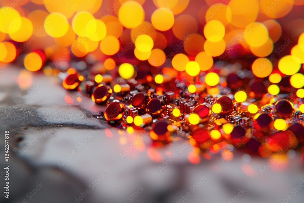 Poster abstract image of a circuit board with glowing red and yellow components, creating a festive and tec