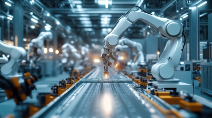 Fototapeta premium Automated Assembly Line: Industrial Robots at Work
