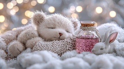 Adorable Sleeping Teddy Bear and Bunny