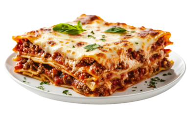 A delicious Italian dish featuring rich homemade lasagna with flavorful sauce and gooey cheese Isolated on transparent background PNG
