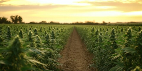 Golden Hour Cannabis Cultivation: Rows of Hemp Plants at Sunset