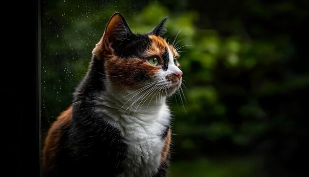 Calico cat gazing at nature. Outdoor portrait, green background