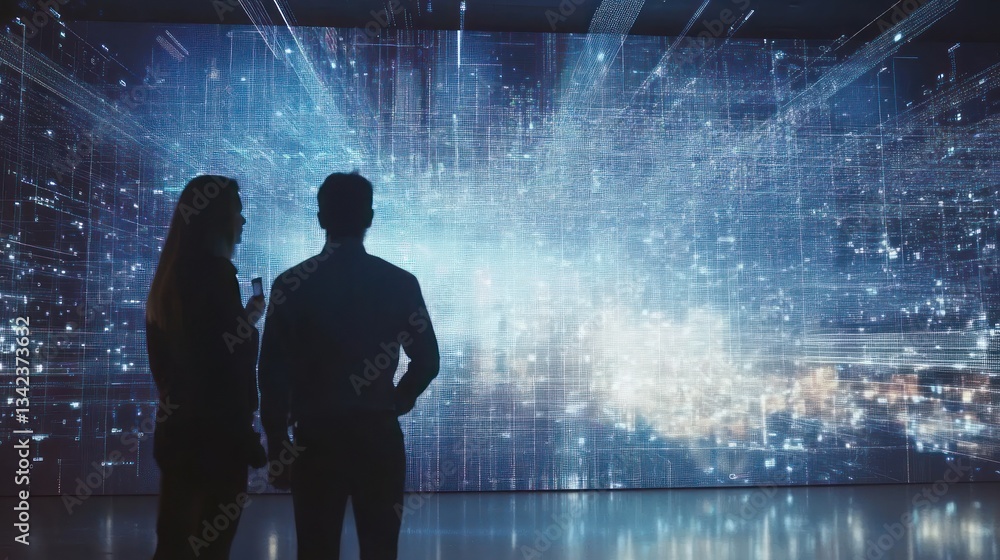 Poster exploring the digital frontier: two silhouettes contemplate a vast network of data