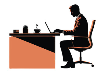 Focused Businessman Working at Desk Professional Office Setup with Laptop and Coffee