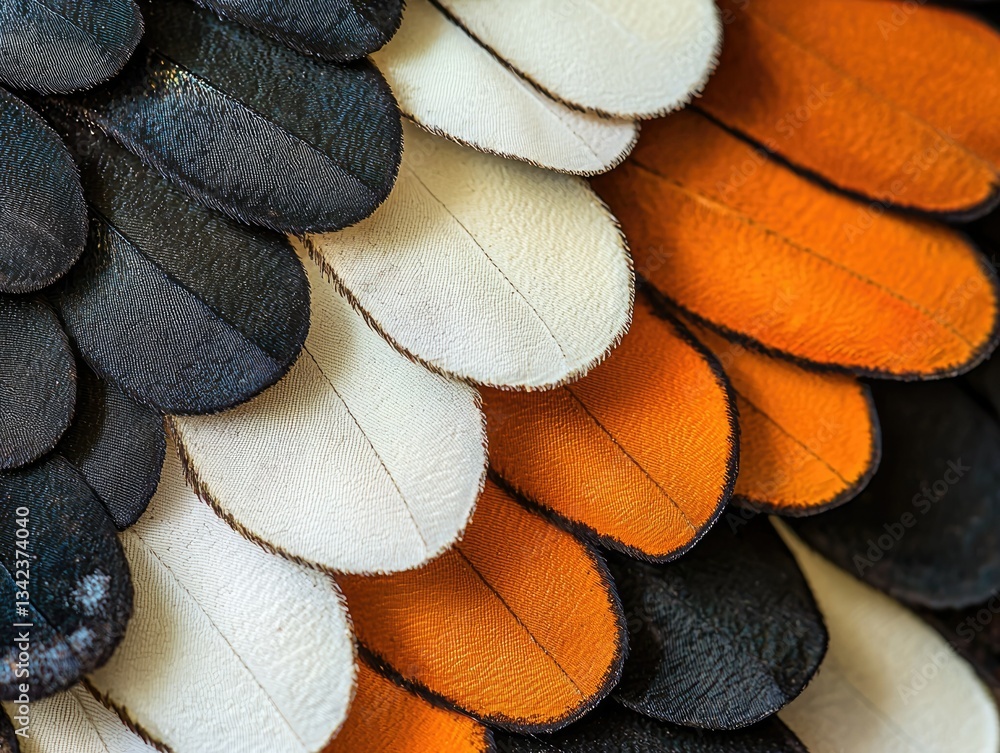 Poster close-up of overlapping feathers in black, white, and orange, showcasing intricate texture and patte