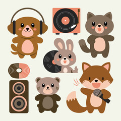 Obraz premium 2d vector illustration icon cool entertainment cartoon character music tools (Drum , Music Note , Headphones ,Microphone , Piano , Guitar ,Record) 