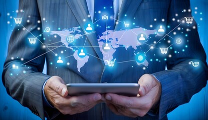Global Business Network: Businessman Holding Tablet Connecting to World Map with E-Commerce Icons