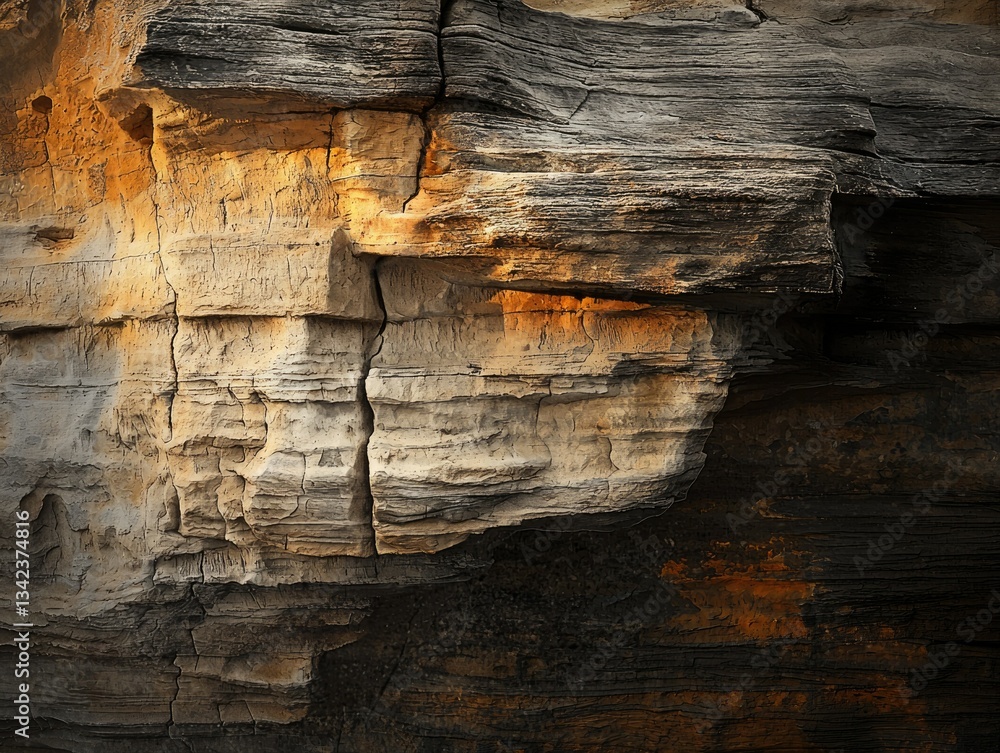 Poster textured rock face showing layers of sedimentary rock with cracks and crevices illuminated by sunlig