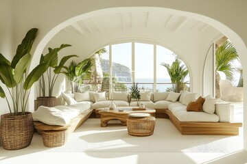 Naklejka premium Coastal living room, arched window, ocean view, relaxation, design