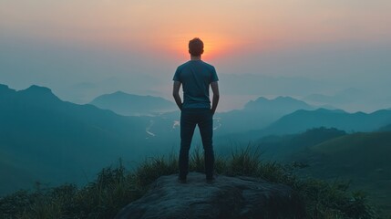 Man Sunrise Mountaintop View Travel Inspiration