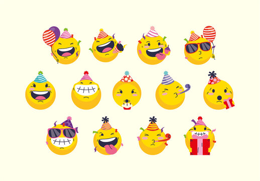 Colorful Birthday Party Fun Expression Emojis Set