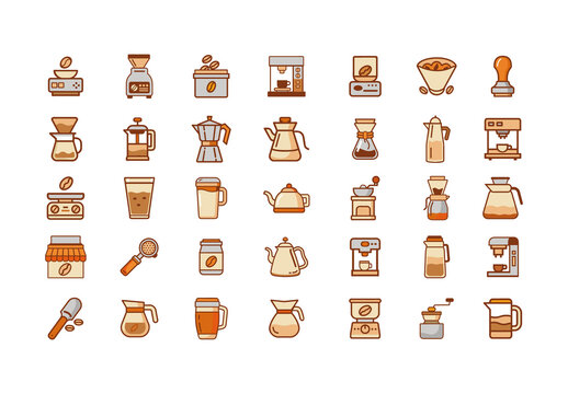 Colorful Coffee Brewing Equipment Tools Icons Set