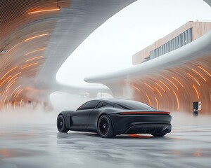 Obraz premium Futuristic electric car in modern, architectural tunnel