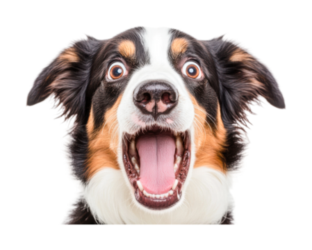 Happy dog with open mouth and alert expression close-up, cut out