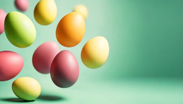 Colorful Easter eggs floating against a pastel green surface with space for copy