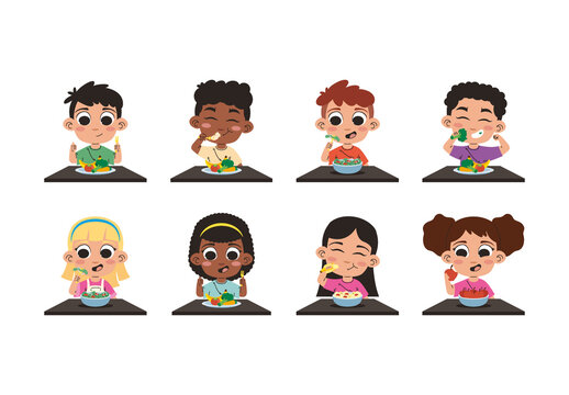 Colorful Kids Healthy Eating Illustration Set