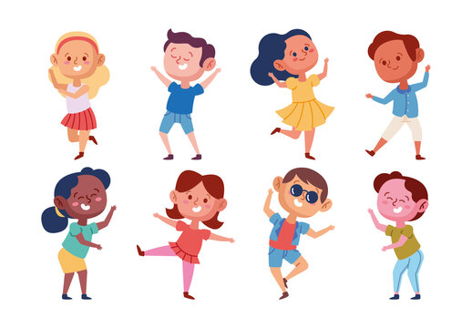 Colorful Kids Happy Dancing Illustration Set