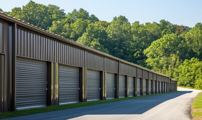 Row of Modern Storage Units nestled in a Lush Green Forest Setting