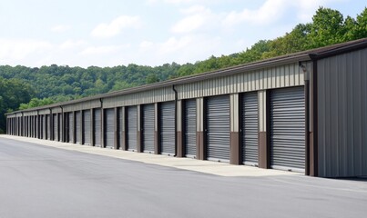 Obraz premium Modern Self Storage Units Against Lush Greenery