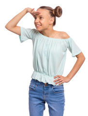 Obraz premium A young girl in a light blue off-shoulder top smiling and looking into the distance.