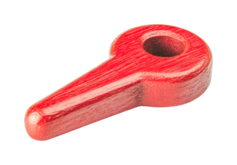 Red wooden toy whistle key with textured surface, cut out