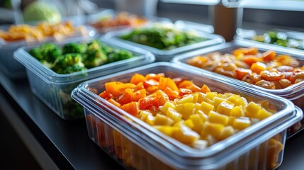 Prepared food for healthy nutrition in lunch boxes. Catering service for balanced diet. Takeaway food delivery in restaurant. Containers with everyday meals