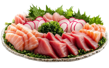 A platter of fresh sashimi with slices of tuna salmon and other premium seafood delicacies Isolated on transparent background PNG