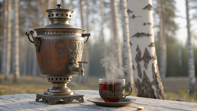 Rustic samovar and steaming cup of tea on a weathered wooden table amidst a birch forest.