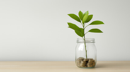Financial growth visualized, green seedling sprouting from coin filled glass jar, representing eco friendly investment and sustainable economic development