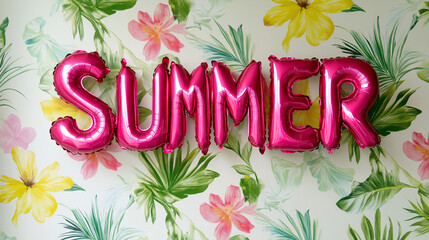 Pink metallic balloons spelling the word summer hanging on a tropical floral wallpaper, celebrating the hottest season