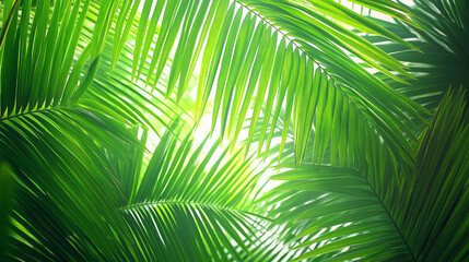 Sunlight filters through overlapping palm fronds, creating a vibrant green, serene, and natural jungle background