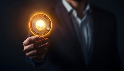 A businessman confidently holding a holographic coin glowing brightly, symbolizing success
